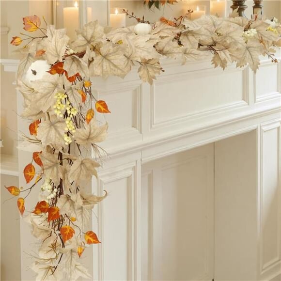 Fall Leaves Garland for Mantle, Autumn Leaf Garland with White Pumpkins - Picture 1 of 7